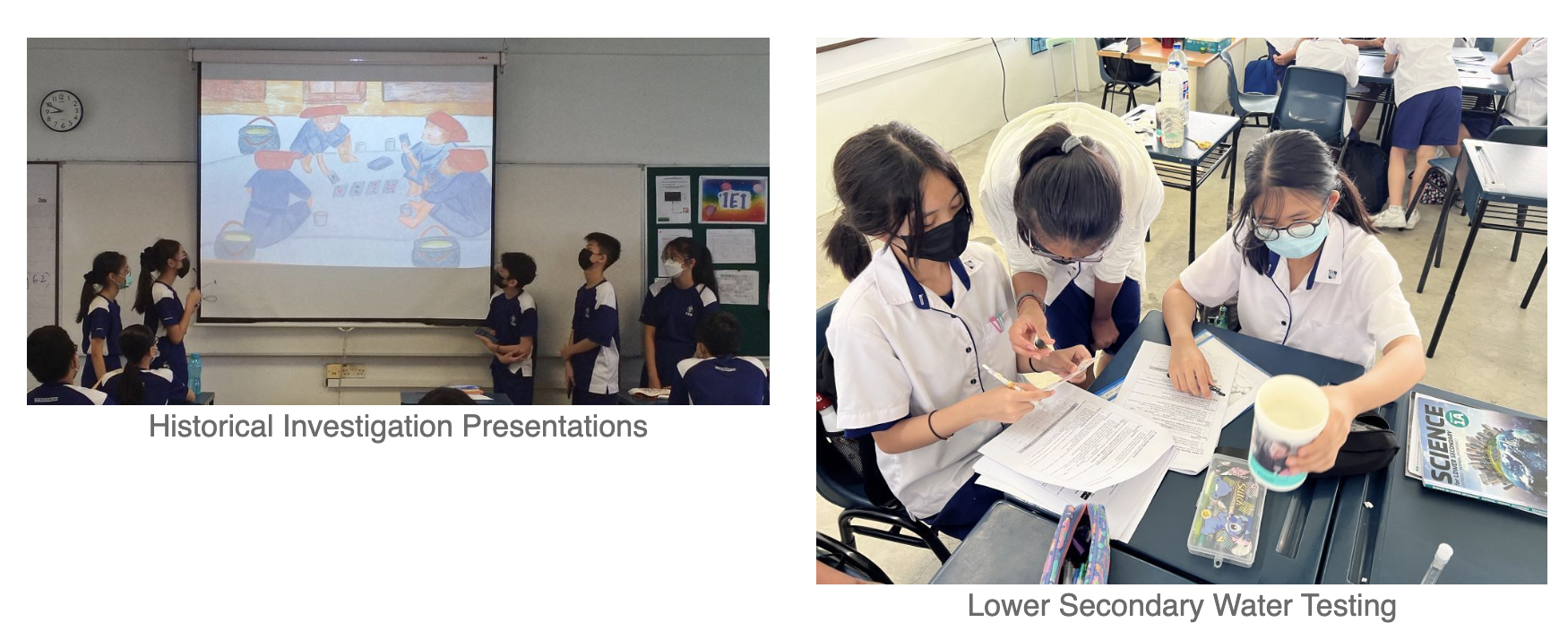 Students in uniform present to a projector screen; separately, three masked students conduct a water testing science experiment.
